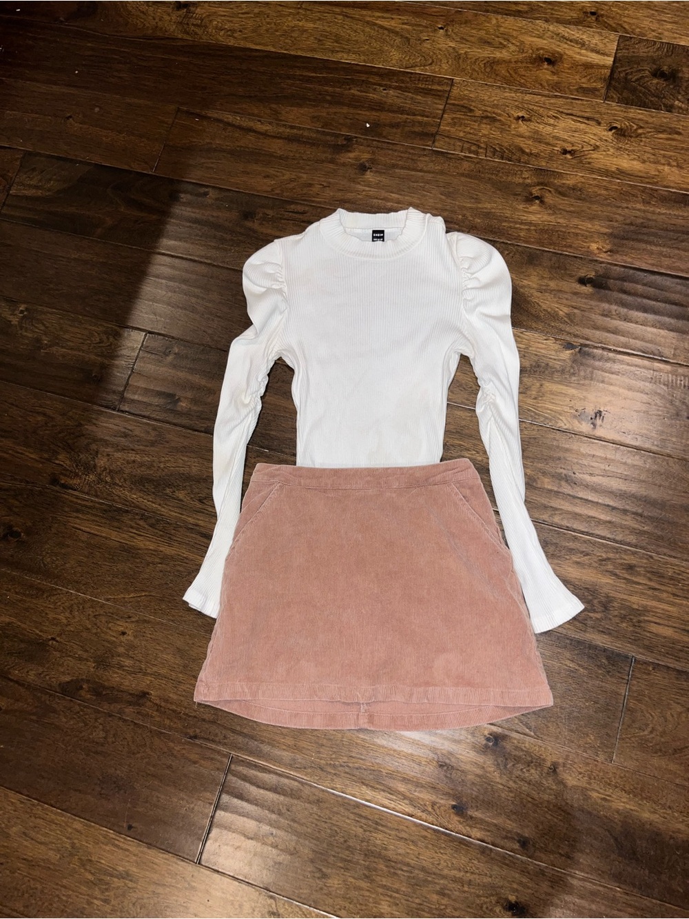 Pink Lily White Puff-Sleeve Top with Blush Pink Corduroy Mini Skirt
